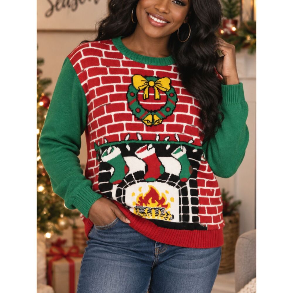 UGLY CHRISTMAS SWEATER Fireplace Scene SMALL Women's Red Green Holiday Crew Neck